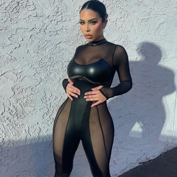 Fashion Patchwork Mesh Crew Neck Back Zipper Long Sleeve Jumpsuit