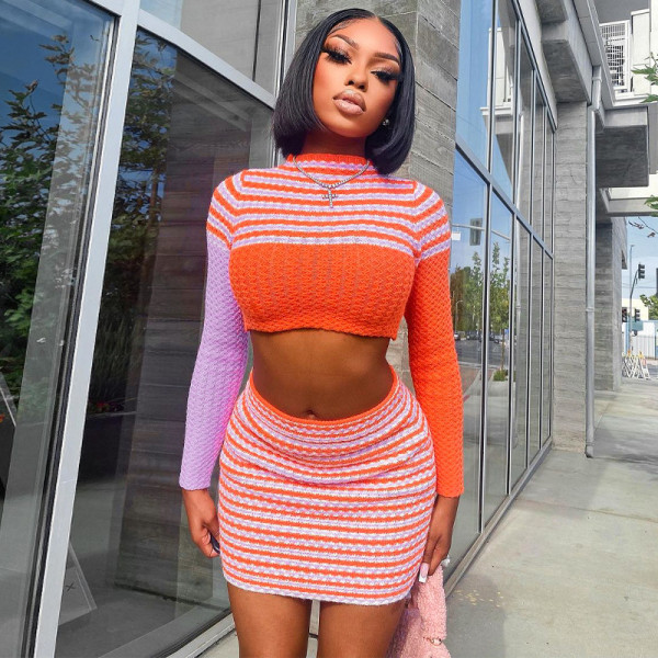 Long Sleeve Striped Sweater Skirt Two Piece Fashion Casual Suit