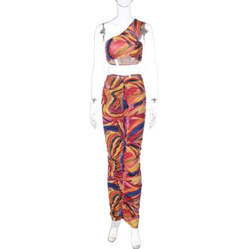 Tie-Dye One-Shoulder Mini Tank Top Dress Print Gathered Slim Fit Sexy Long Dress Set