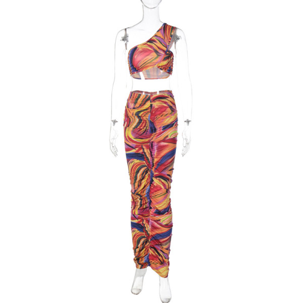 Tie-Dye One-Shoulder Mini Tank Top Dress Print Gathered Slim Fit Sexy Long Dress Set