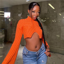Fashionable round neck flared sleeve short cropped knitted sweater with navel design