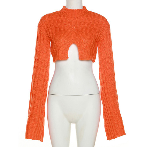 Fashionable round neck flared sleeve short cropped knitted sweater with navel design