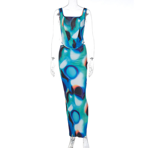 Fashion Printed Tank Top Slit Long Skirt Set