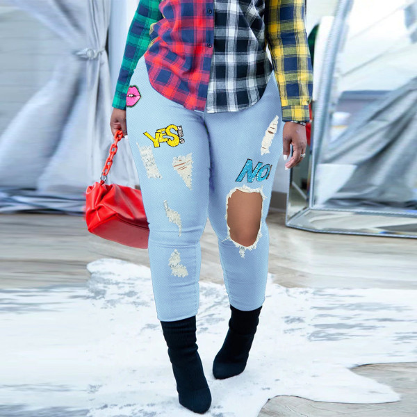 Plus Size Personality Print Slim Fit Big Ripped Jeans
