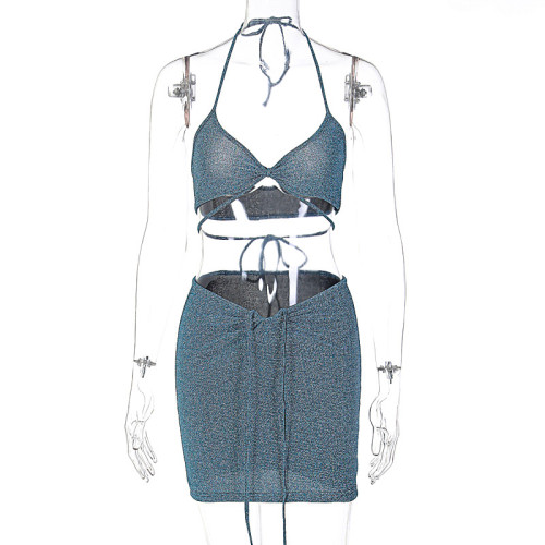 Sexy tie wrap chest slim skirt two-piece set
