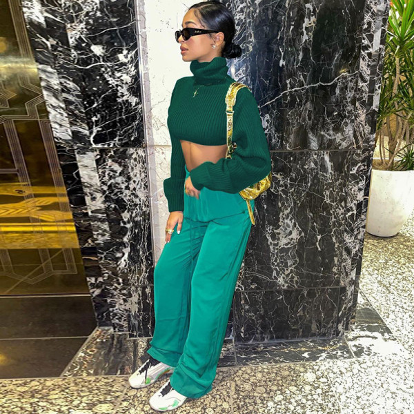 Women's Fashion Casual Slim Fit Cropped Navel Short Long Sleeve Sweater