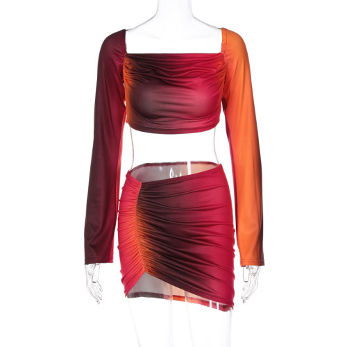 Tie Dye Long Sleeve Top Ruched Skirt Two Piece Fashion Set