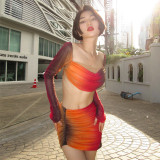 Tie Dye Long Sleeve Top Ruched Skirt Two Piece Fashion Set