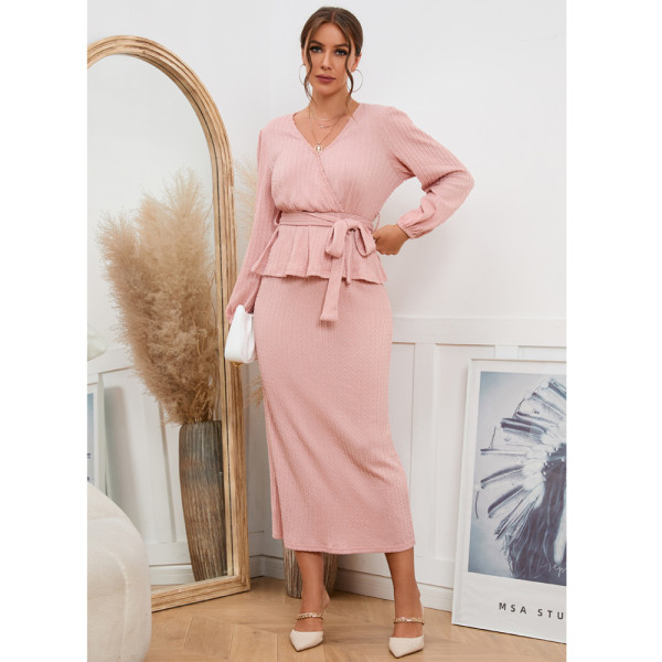 Slim Fit Long Sleeve Top + Mid Skirt Two Piece Set