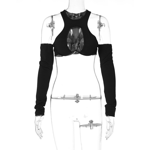 Fashion Sexy Chest Hollow Out Round Neck Long Sleeve Sleeve Top