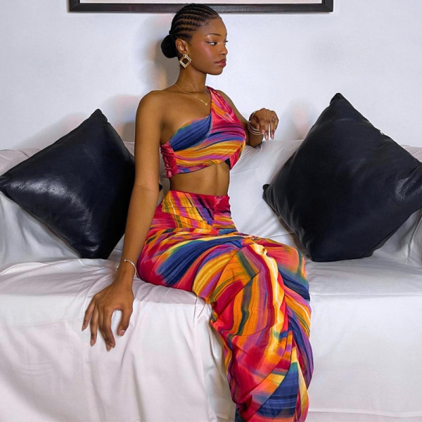 Tie-Dye One-Shoulder Mini Tank Top Dress Print Gathered Slim Fit Sexy Long Dress Set