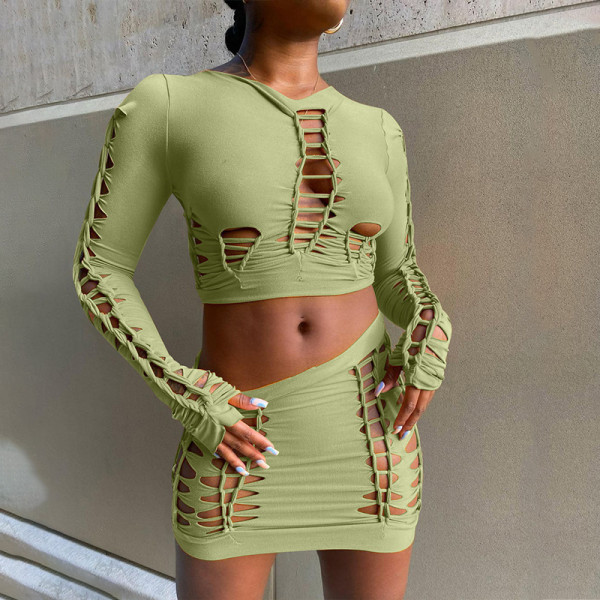 Fashion Cutout Round Neck Long Sleeve Top Slim Fit Skirt Set