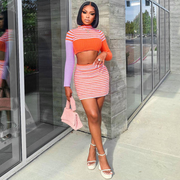 Long Sleeve Striped Sweater Skirt Two Piece Fashion Casual Suit
