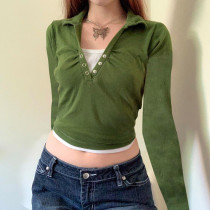 Net red hot girl retro style five-claw button fake two-piece long-sleeved T-shirt