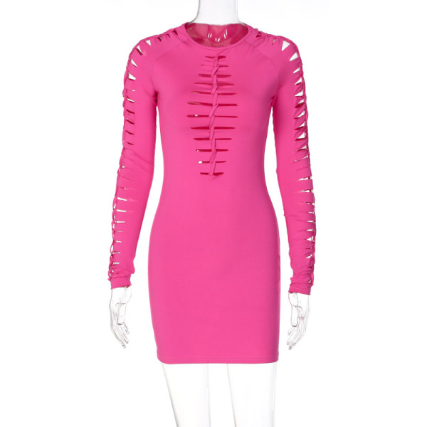 Fashion personality hollow round neck slim long sleeve hip dress