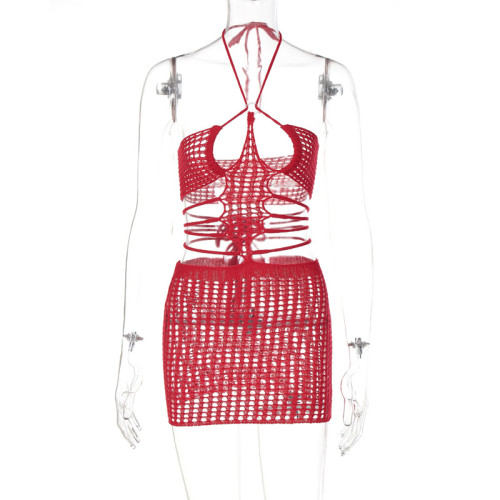 Solid Color Knit Sweater Sexy Tie Halter Cutout Dress