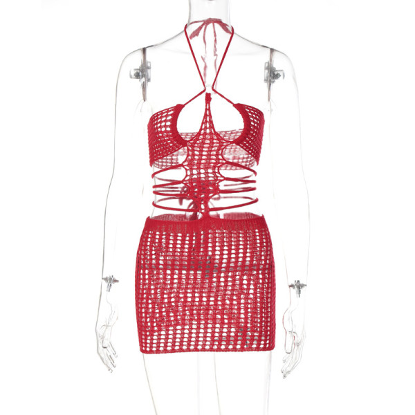 Solid Color Knit Sweater Sexy Tie Halter Cutout Dress