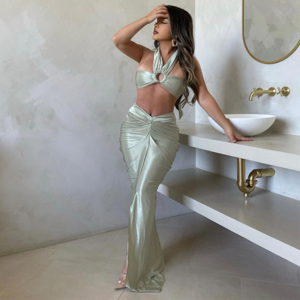 Lace-up halterneck wrap chest long skirt two-piece fashion temperament suit