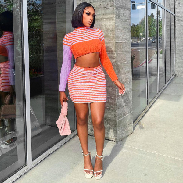 Long Sleeve Striped Sweater Skirt Two Piece Fashion Casual Suit