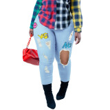 Plus Size Personality Print Slim Fit Big Ripped Jeans