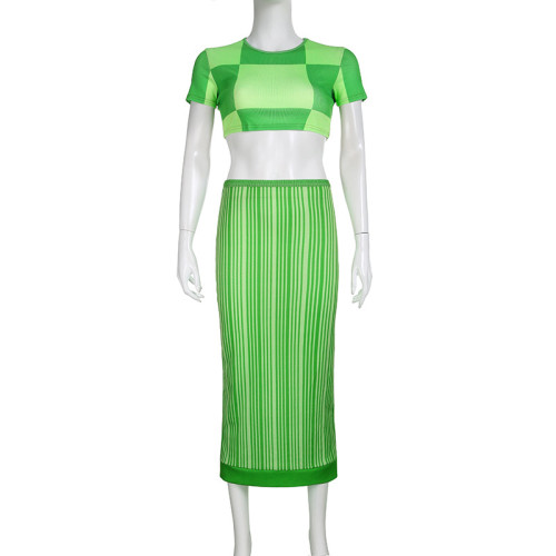 Thread Check Stripe Cropped Top Skirt Set Two Piece