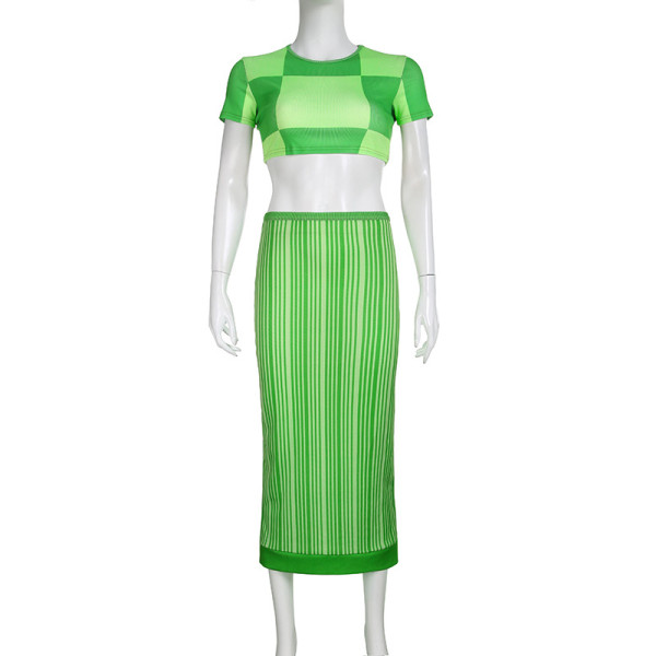 Thread Check Stripe Cropped Top Skirt Set Two Piece