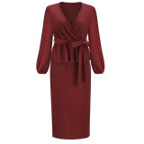Slim Fit Long Sleeve Top + Mid Skirt Two Piece Set