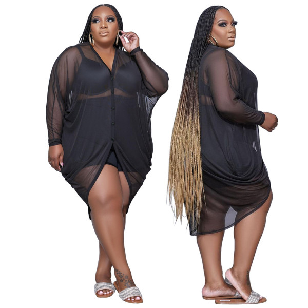 Plus Size Women's V-Neck Button Sexy Mesh Skirt See-Through Outer Dress