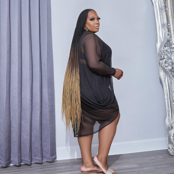 Plus Size Women's V-Neck Button Sexy Mesh Skirt See-Through Outer Dress