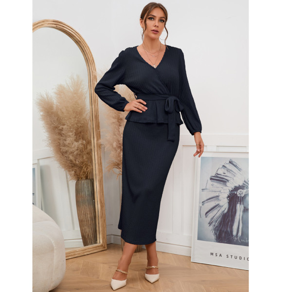 Slim Fit Long Sleeve Top + Mid Skirt Two Piece Set