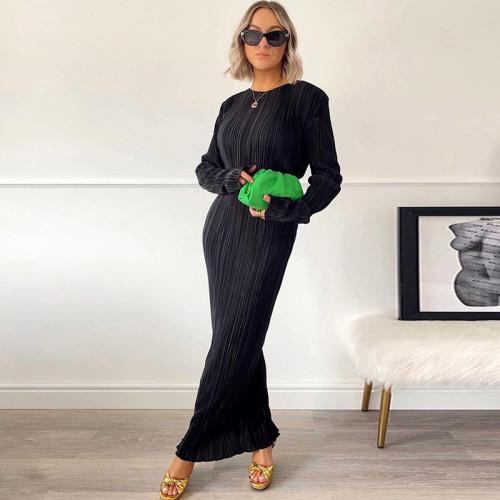 Fashion Casual Solid Color Round Neck Long Sleeve Slim Fit Dress