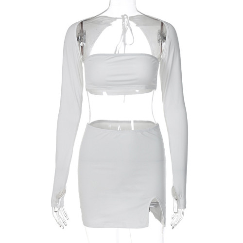 Sexy Tube Top Cutout Long Sleeve Top Slim Fit Slit Skirt