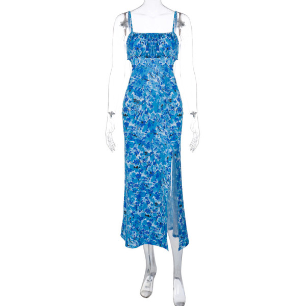 Fashion Floral Backless Lace-Up Slim Slit Sling Dress