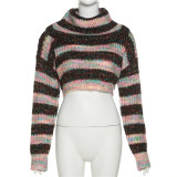 Knitted autumn fashion sexy leak navel color block high collar long-sleeved sweater