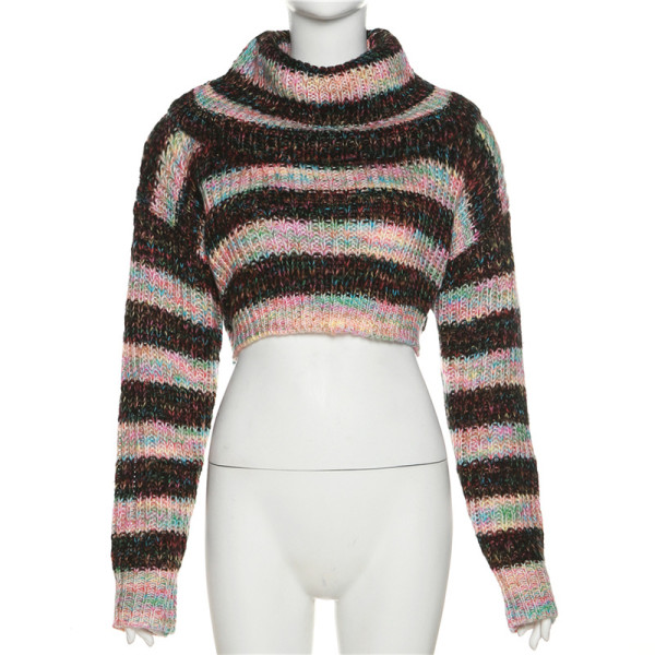 Knitted autumn fashion sexy leak navel color block high collar long-sleeved sweater