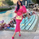 Fashion Square Neck Puff Sleeve T-Shirt Slim Fit Hip Skirt Set