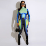 Fashion Print Long Sleeve Turtleneck Bodysuit Skinny Pant Set