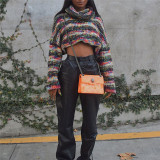 Knitted autumn fashion sexy leak navel color block high collar long-sleeved sweater