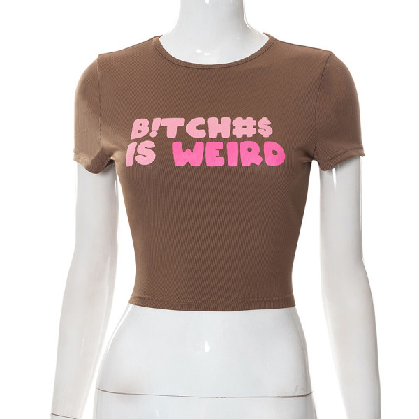 Letter Print Short Sleeve Crew Neck Wrap Fashion Top