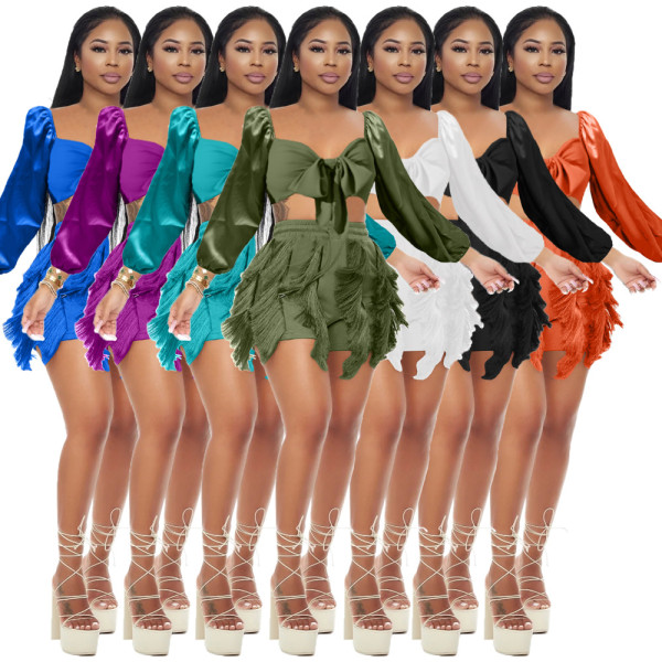 Elegant Long Sleeve Cropped Shirt Drawstring Fringe Two Piece