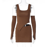 Fashion U Neck Backless Top Slim Fit Slit Skirt Set