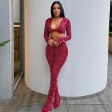 Fashionable and sexy U-neck cropped navel long-sleeved top slim fit and slim trousers suit