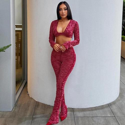 Fashionable and sexy U-neck cropped navel long-sleeved top slim fit and slim trousers suit