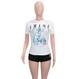 Short Sleeve Crew Neck Letters Cartoon Print T-Shirt