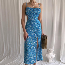 Fashion Floral Backless Lace-Up Slim Slit Sling Dress Fashion Floral Backless Lace-Up Slim Slit Sling Dress