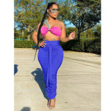 Tube top suspenders High waist pleated color matching skirt suit two-piece set