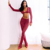 Fashionable and sexy U-neck cropped navel long-sleeved top slim fit and slim trousers suit