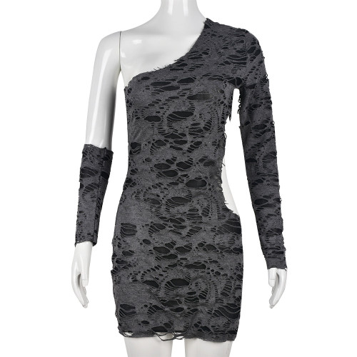 Sexy slim ripped unilateral sleeve hip skirt dress