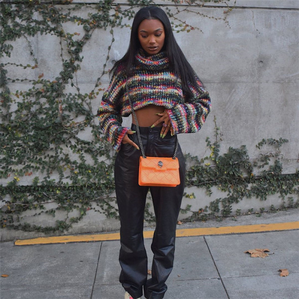 Knitted autumn fashion sexy leak navel color block high collar long-sleeved sweater