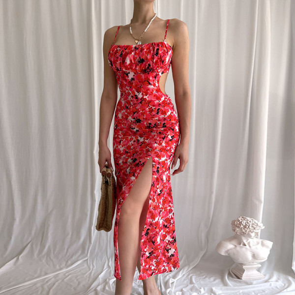 Fashion Floral Backless Lace-Up Slim Slit Sling Dress